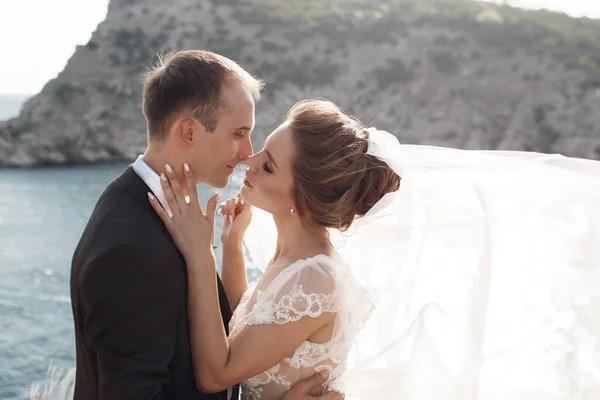 Bride Groom Look Each Other Background Magnificent View Sea Mountains — Stock Photo, Image