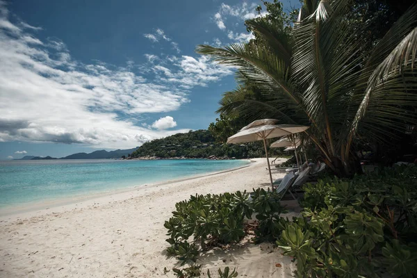Beautiful seychelles island, ocean shore with white sand and blue sky — Stock Photo, Image