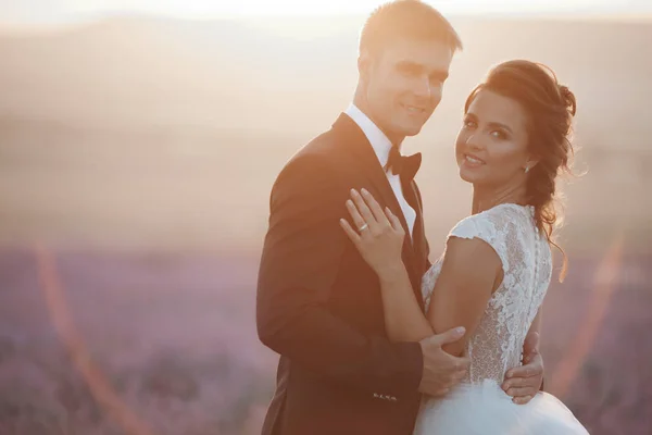 Couple de mariage dans un champ de lavande au coucher du soleil, mariée et marié — Photo