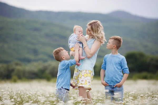 Gelukkige familie in camomile veld. vrouw met drie kinderen jongens in camomiles buiten — Stockfoto