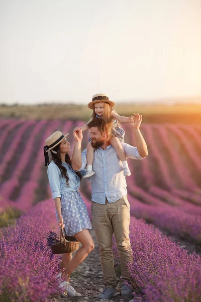 在Laveder田里的快乐家庭。在盛开的薰衣草中，夕阳西下的母亲、父亲和孩子 — 图库照片