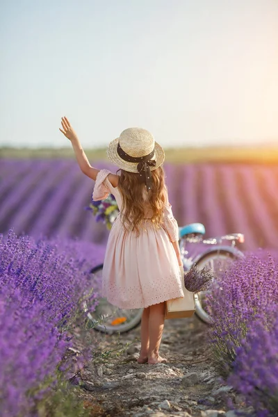 Pretty little girl with flowers and straw hat having fun in lavender field. Preteen girl with bicycle. — Stock Photo, Image