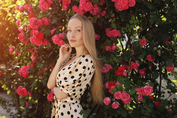 Retrato de una joven mujer hermosa en vestido de rosas flores al aire libre — Foto de Stock