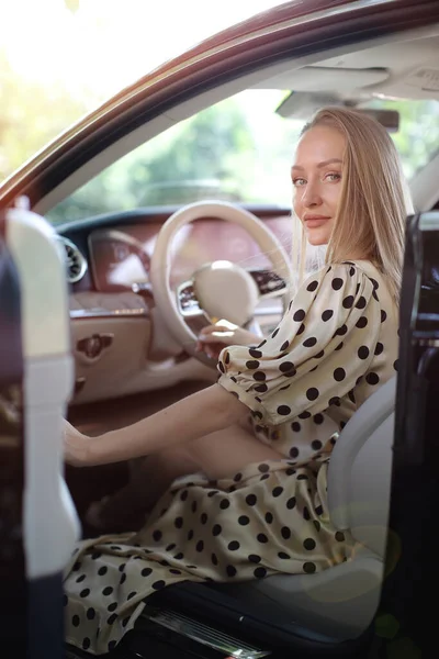 Arabada oturan güzel sarışın bir kadının portresi. 