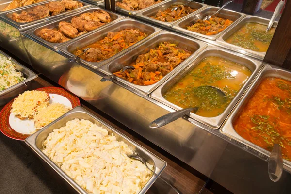 Fertiggerichte Restaurant Metallbehälter Große Auswahl Stockbild