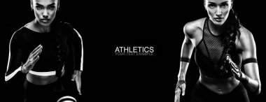 Spor kavram. Siyah ve beyaz fotoğraf. Bir güçlü atletik, kadın sprinter, siyah, spor, fitness ve spor motivasyon giyen izole çalışan. Runner kavramı.