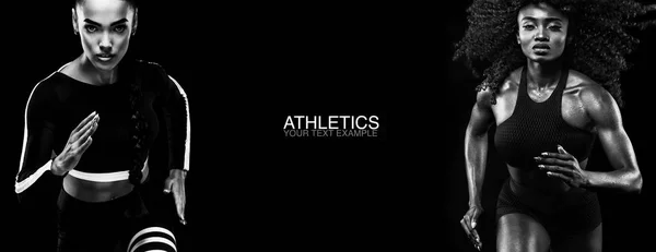 Спортивная концепция. Черно-белая фотография. Сильная атлетическая, бегущая женщина, изолированная от черного, одетая в спортивную одежду, фитнес и спортивную мотивацию. Концепция бега . — стоковое фото