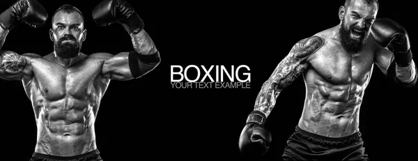 Deportista muay thai boxeadores luchando. Aislado sobre fondo negro. Copiar espacio. Concepto deportivo . — Foto de Stock