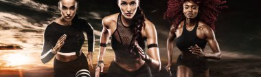 Spor, fitness ve spor motivasyon giyen koyu arka plan üzerinde çalışan bir güçlü atletik, kadın sprinter. Runner kavramı.