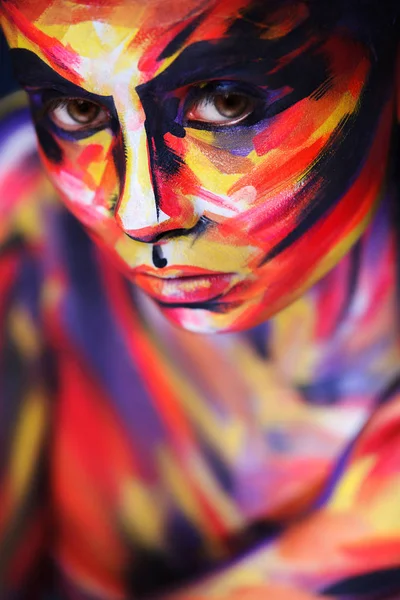 Portrait of the bright beautiful girl with painting art colorful make-up on face and bodyart. Creative vertical ads banner or flyer with copy space. — Stock Photo, Image