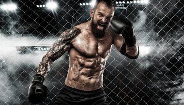 Sporcu boxer kafeste dövüş. Uzay kopyalayın. Boks spor kavramı.