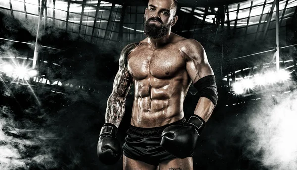 Um boxeador desportista a lutar na jaula. Espaço Copiar. Conceito de desporto de boxe . — Fotografia de Stock