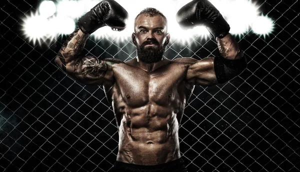 Boxer sportivo che combatte nella gabbia. Ricevuto. Boxe concetto di sport . — Foto Stock