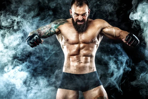 Street fighter fighting in boxing cage. Background with lights and smoke. Action shot with copy space.