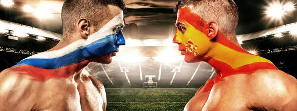 Fußball Oder Fußballfan Mit Bodyart Auf Dem Gesicht Stadion Russland — Stockfoto