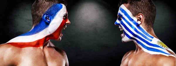 Soccer or football fan with bodyart on face - flags of Uruguay vs France. Sport Concept with copyspace. — Stock Photo, Image