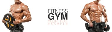 Fitness başlık sayfası veya poster. Pompa acımasız güçlü kas vücut geliştirmeci atletik erkek beyaz arka plan üzerinde kaslar. Egzersiz vücut geliştirme kavramı. Spor beslenme reklamlar için kopya alanı.