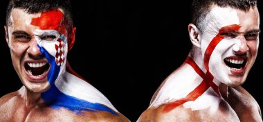 Futbol ya da futbol fan atlet yüz - bodyart ile Hırvatistan – İngiltere bayrakları. Spor konsepti ile boşaltmak.