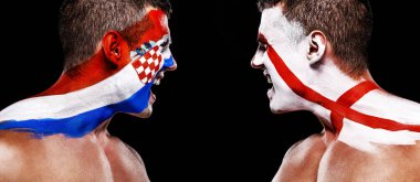 Futbol ya da futbol fan atlet yüz - bodyart ile Hırvatistan – İngiltere bayrakları. Spor konsepti ile boşaltmak.