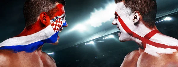 Soccer or football fan athlete with bodyart on face - flags of Croatia vs England. Sport Concept with copyspace. — Stock Photo, Image