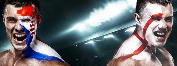 Voetbal of de voetbal fan atleet met bodyart op gezicht - vlaggen van Kroatië vs Engeland. Sport Concept met copyspace. — Stockfoto