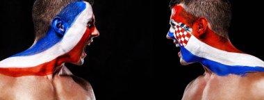 Futbol ya da futbol fan atlet bodyart yüz - ile Fransa vs Hırvatistan bayraklar. Spor konsepti ile boşaltmak. Son.