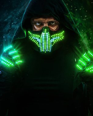 Siyah giymek, neon maske ve eldiven gizemli adam. Karakter papaz veya Sihirbazı gelecekten gelen elbise içinde. Suikastçi ile güçlü yüz ifadesi. Fantasy kitap ya da bilgisayar oyunu kapak konsepti.