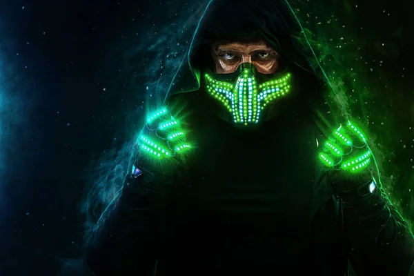Mysterious man in black wear, neon mask and gloves. Character pastor or wizard in robe from the future. Assassin with strong face expression. Fantasy book or computer game cover concept. — Stock Photo, Image