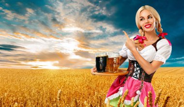 Bira partisi. Seksi Oktoberfest kadın - garson, bir geleneksel Alman Bavyera elbise giyen Münih'te büyük bira bardağı altın buğday alan arka plan üzerinde hizmet veren.