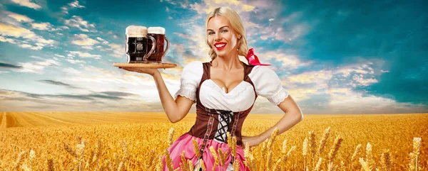 Fiesta de cerveza. Sexy mujer Oktoberfest - camarera, en Munich vistiendo un vestido bávaro alemán tradicional, sirviendo tazas de cerveza grandes sobre fondo de campo de trigo dorado . — Foto de Stock