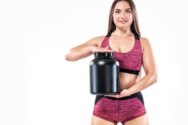 Spor ve beslenme - protein, kazanan ve kazein bir kavanoz ile mutlu ve sağlıklı kas genç fitness spor kadın sporcu