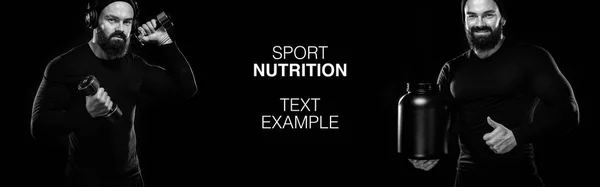 Atleta de aptidão jovem muscular sã, homem de esportes com um jarro de nutrição de esportes - proteína, gainer e caseína e halteres . — Fotografia de Stock