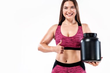 Spor ve beslenme - protein, kazanan ve kazein bir kavanoz ile mutlu ve sağlıklı kas genç fitness spor kadın sporcu