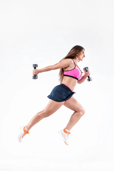 Atractiva Joven Fitness Mujer Sosteniendo Dumbell Captura Estudio — Foto de Stock