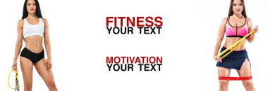 Bant veya Genişletici ile Fitness kadın sporcu. Şablon, başlık sayfası veya poster spor reklamlar için. Beyaz arka plan.