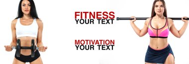 Fitness kadın atlet dumbbells ile. Şablon, başlık sayfası veya poster spor reklamlar için. Beyaz arka plan.