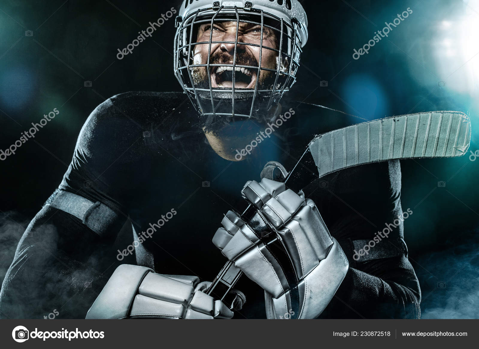 Happy Ice Hockey Player Man In The Mask And Gloves On Stadium With Stick Celebrates Victory Male Closeup Portrait Stock Photo Image By C Mikeorlov Happy Ice Hockey Player Man In The Mask And Gloves On Stadium With Stick Celebrates Victory Male Closeup Portrait Stock Photo Image By C Mikeorlov
