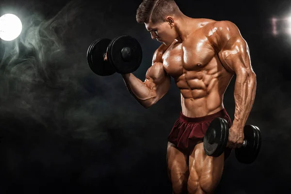 Athletic Shirtless Young Sports Man Fitness Model Barbell Gym — Stock Photo, Image