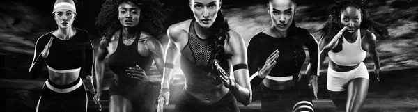 Skupina pěti silné atletické žen, sprinteři, běžící na tmavém pozadí nosit sportovní oblečení, fitness a sportovní motivace. Běžec koncept. — Stock fotografie