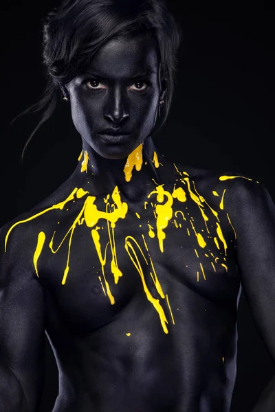 Yellow And Black Body Paint. Woman With Face Art. Young Girl With Colorful  Bodypaint. An Amazing Afro American Model With Makeup. Stock Photo, Picture  and Royalty Free Image. Image 178232215.