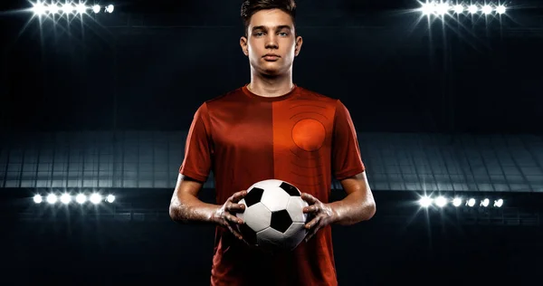 Teenager - soccer player. Boy in football sportswear after game with ball. Sport concept. — Stock Photo, Image