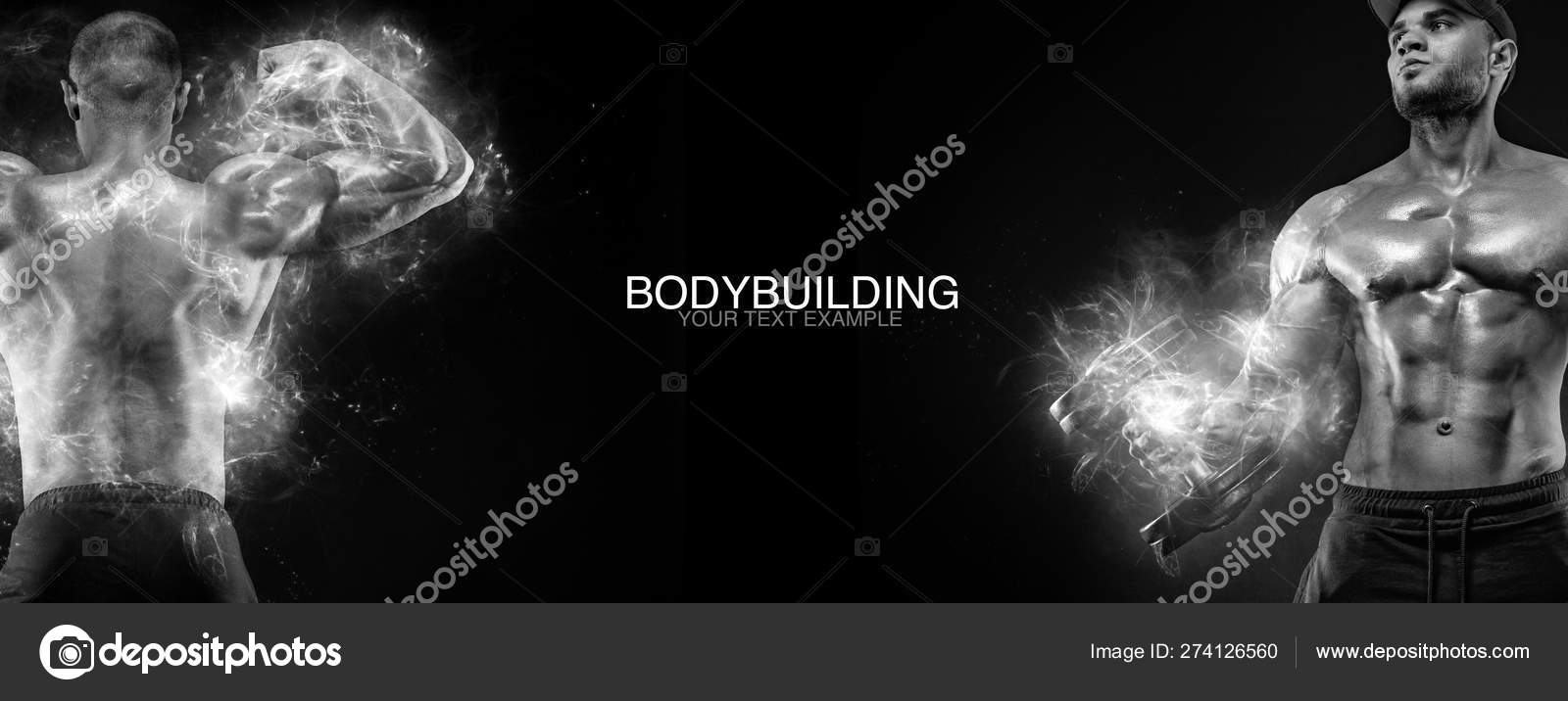 Sport wallpaper and motivation concept. Strong athletic bodybuilder at gym  on black background. Fitness and bodybuilding nutrition ad poster. Stock  Photo by ©MikeOrlov 274126560