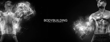 Spor duvar kağıdı ve motivasyon kavramı. Siyah arka planda spor salonunda güçlü atletik vücut geliştirmeci. Fitness ve vücut geliştirme beslenme reklam poster.