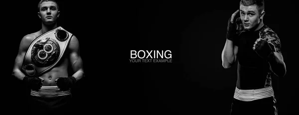 Boxer uomo isolato su sfondo nero con cintura campione. Ricevuto. Boxe, kickbox e sport concept . — Foto Stock