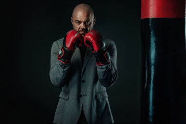 Takım elbiseli işadamı ve sporcu, boks kum torbasıyla eldivenli erkek boksör. Eğitimler ve