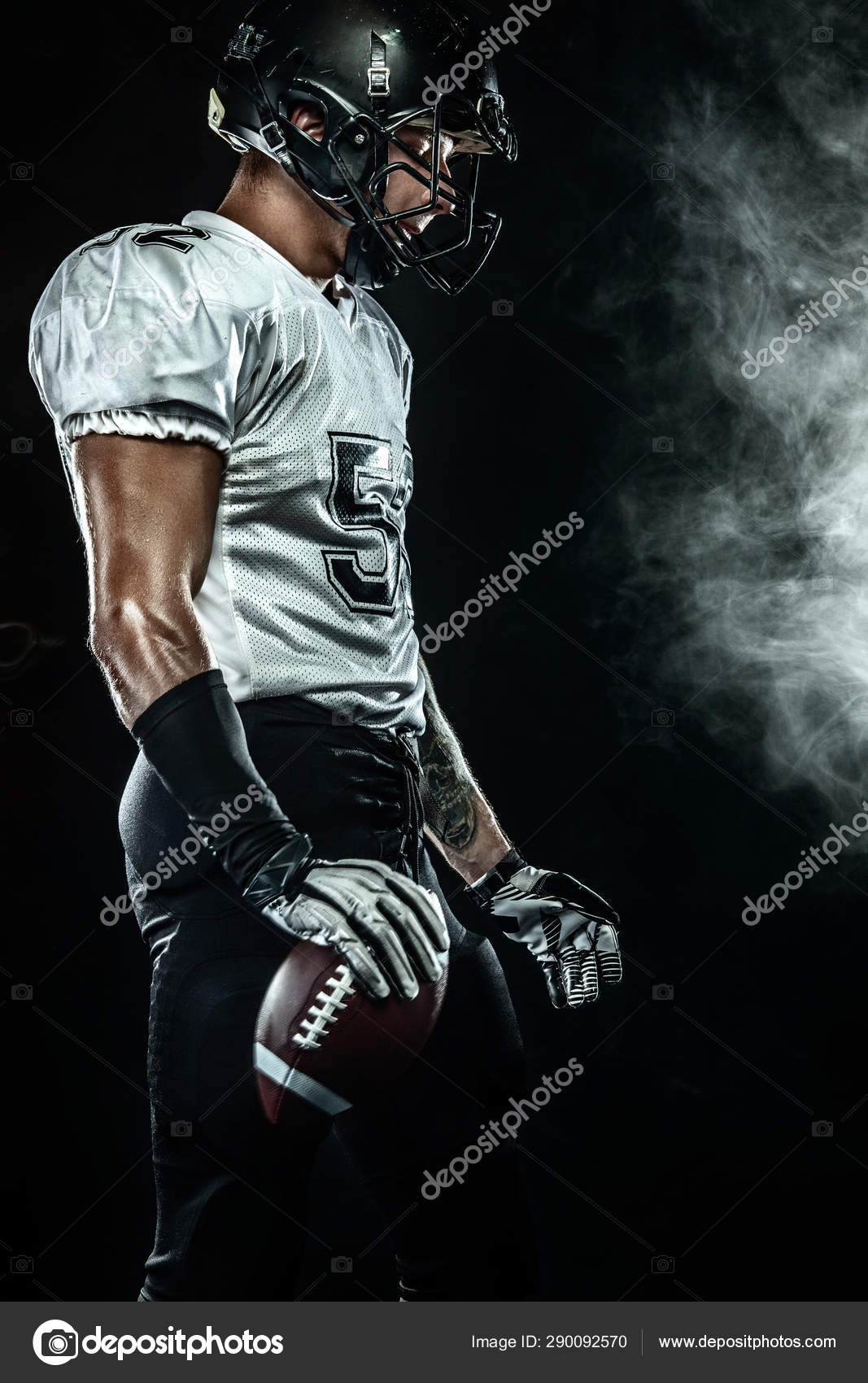 American Football Sportsman Player In Helmet On Black Background With Smoke Sport And Motivation Wallpaper Stock Photo C Mikeorlov