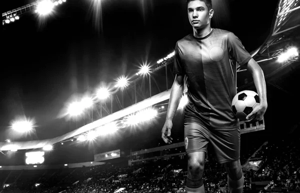 ティーンエイジャーの黒と白の写真-サッカー選手。サッカーのスポーツウェアの男はボールで試合後。スポーツコンセプト. — ストック写真