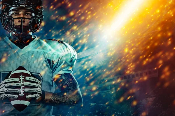 American football sportsman player on stadium running in action. Sport wallpaper with copyspace. — Stock Photo, Image