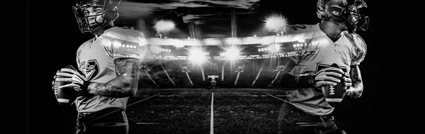 Joueur de football américain au casque, sur le terrain du stade avec un ballon à la main. Fond sombre. Sports d'équipe. Fond d'écran sport noir et blanc avec double exposition . — Photo