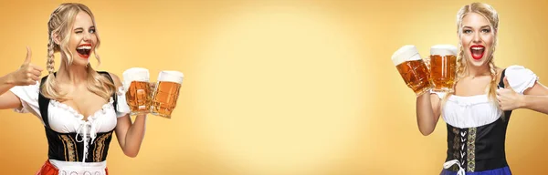Affisch med wow känslor. Två sexiga Oktoberfest flickor servitris, klädd i en traditionell bayersk eller tysk Dirndl, servering stora ölmuggar med dryck isolerad på gul bakgrund. — Stockfoto
